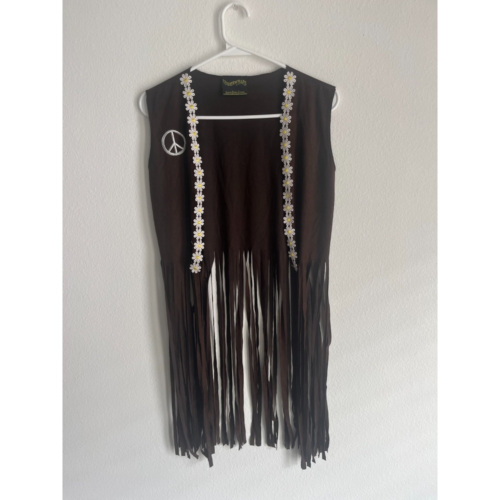 Vintage Underwraps Vest Costume Womens Brown Hippie Fringe Daisy Peace Sign Boho
